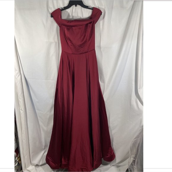 NEW La Femme [ 2 ] Off‎ the Shoulder Satin Ballgown in Wine Red - Picture 1 of 12